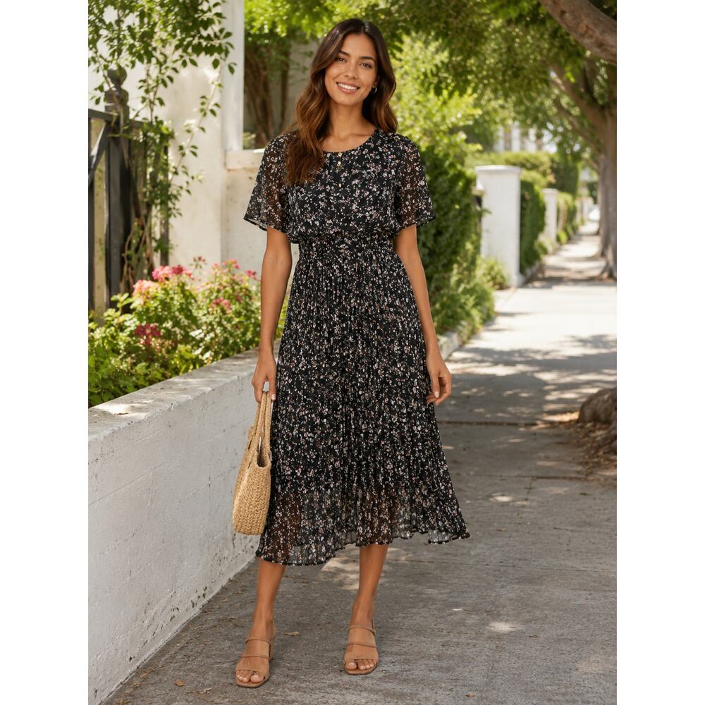 HAYDEN Black Floral Pleated Midi Dress Size Large Feminine Spring